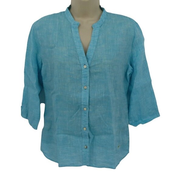 Colori Di Capri Womens Small Blue Linen Button 3/4 Sleeve Blouse Shirt Italy - Picture 1 of 9